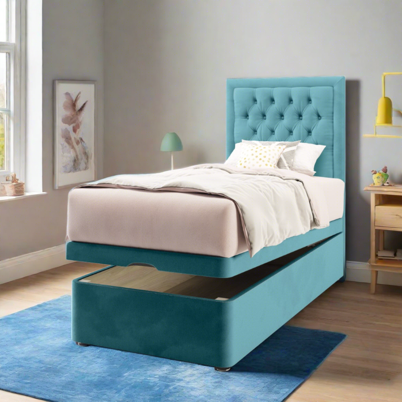 Chesterfield Border Fabric Tall Headboard with Ottoman Storage Bed Base & Mattress