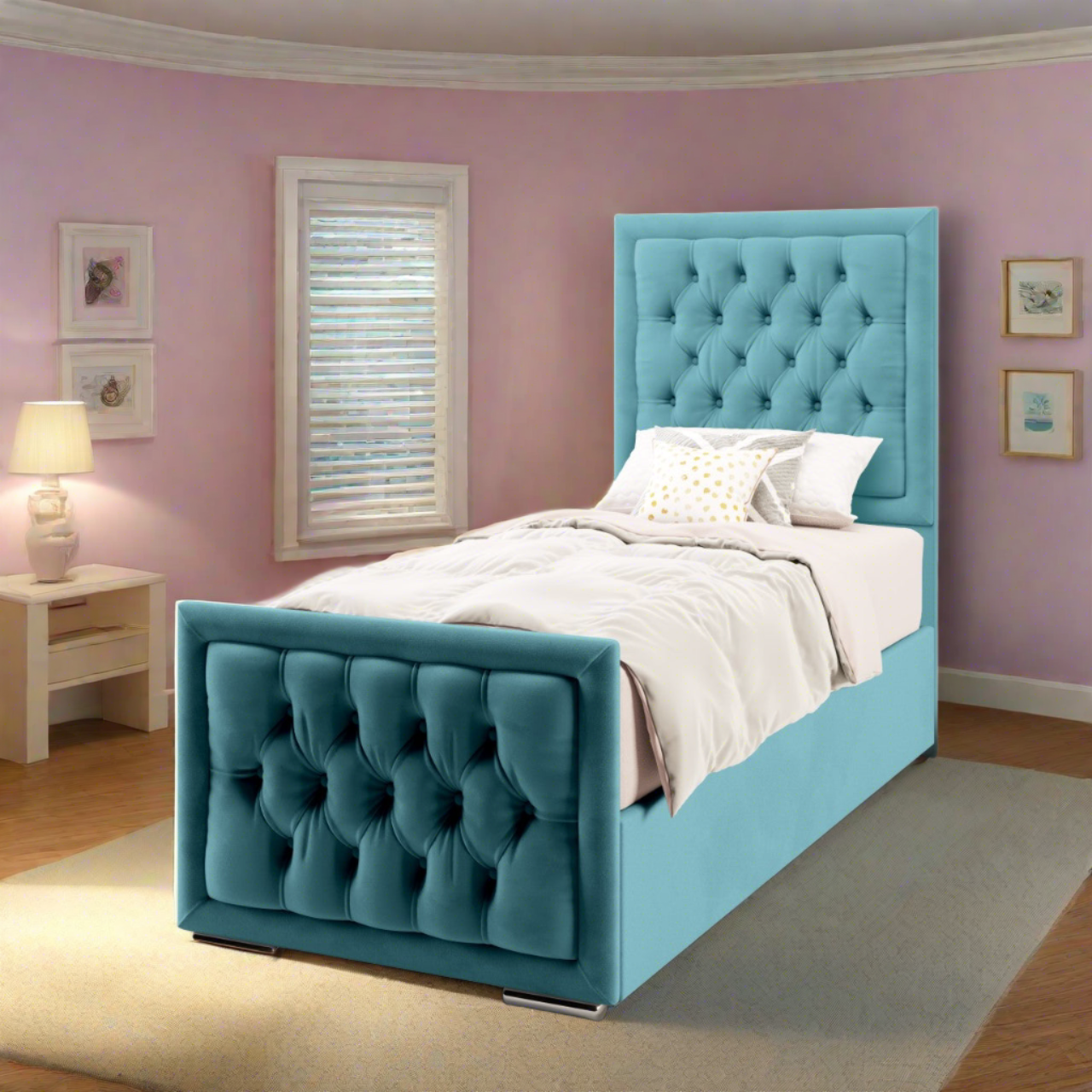 Chesterfield Border Fabric Tall Headboard with Ottoman Storage Side Lift Bed & Footend