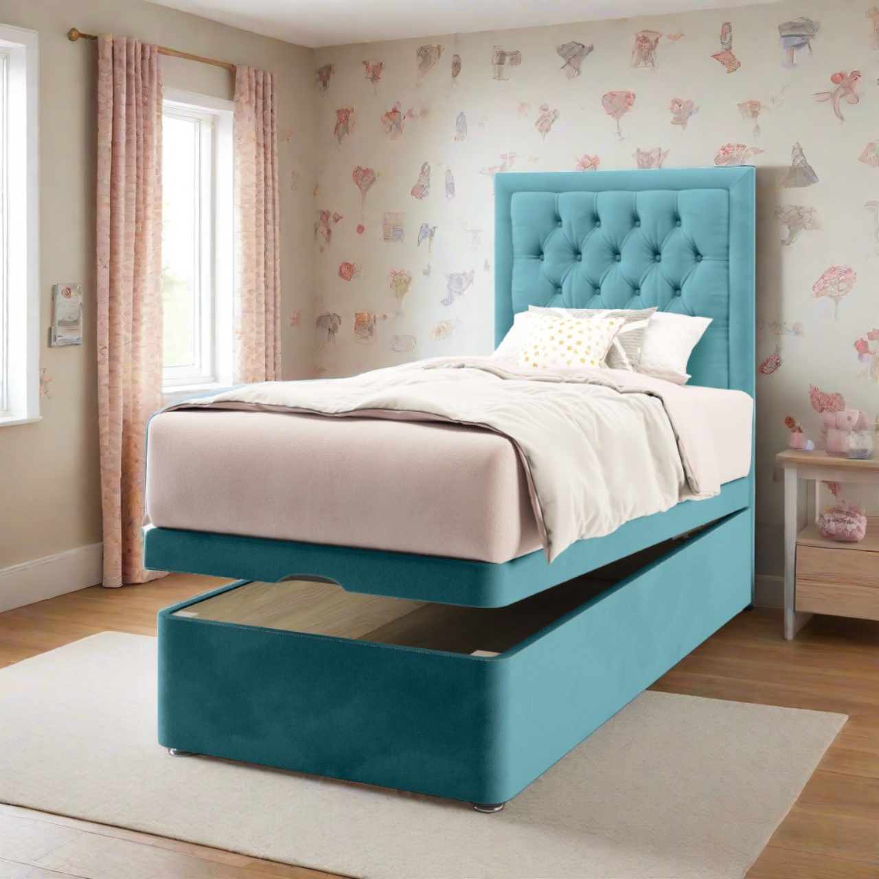 Chesterfield Border Fabric Tall Headboard with Ottoman Storage Bed Base & Mattress