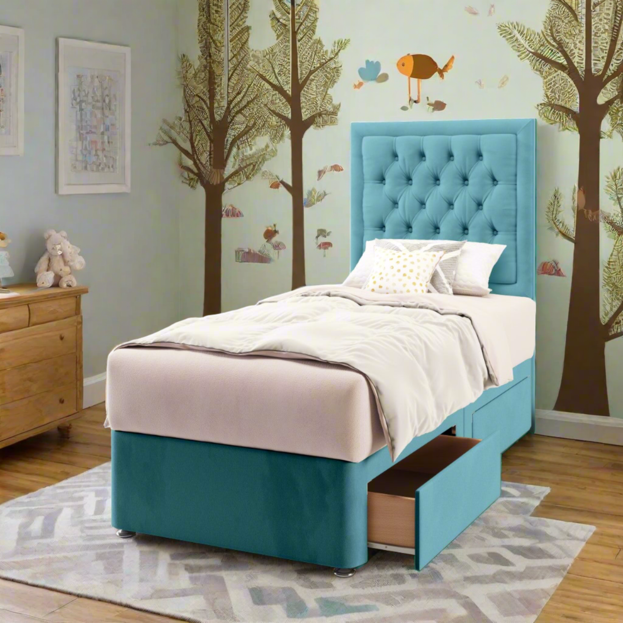 Chesterfield Border Fabric Tall Headboard with Divan Bed Base & Mattress