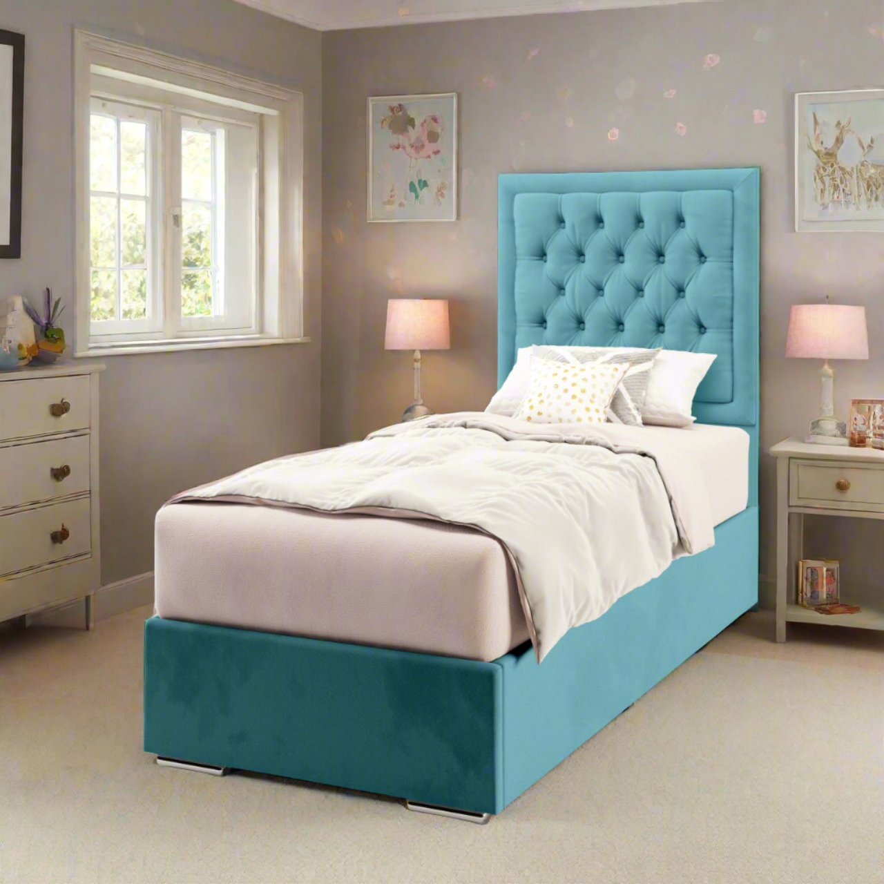 Chesterfield Border Fabric Tall Headboard with Frame Bed Base & Mattress