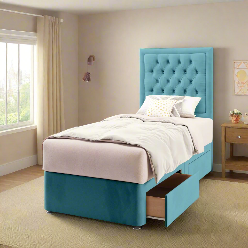 Chesterfield Border Fabric Tall Headboard with Divan Bed Base & Mattress