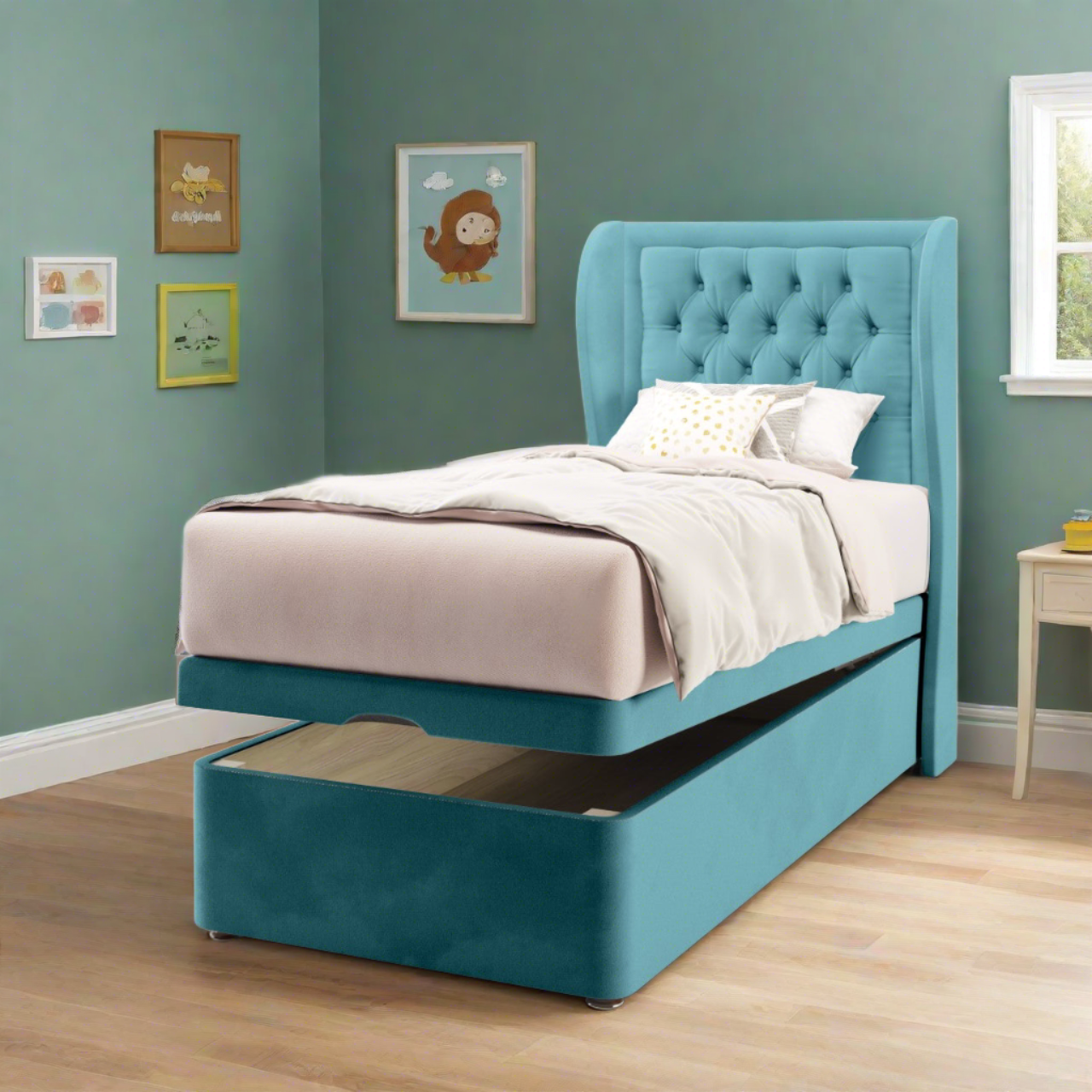 Chesterfield Border Fabric Middle Curve Wing Headboard with Ottoman Storage Bed Base & Mattress