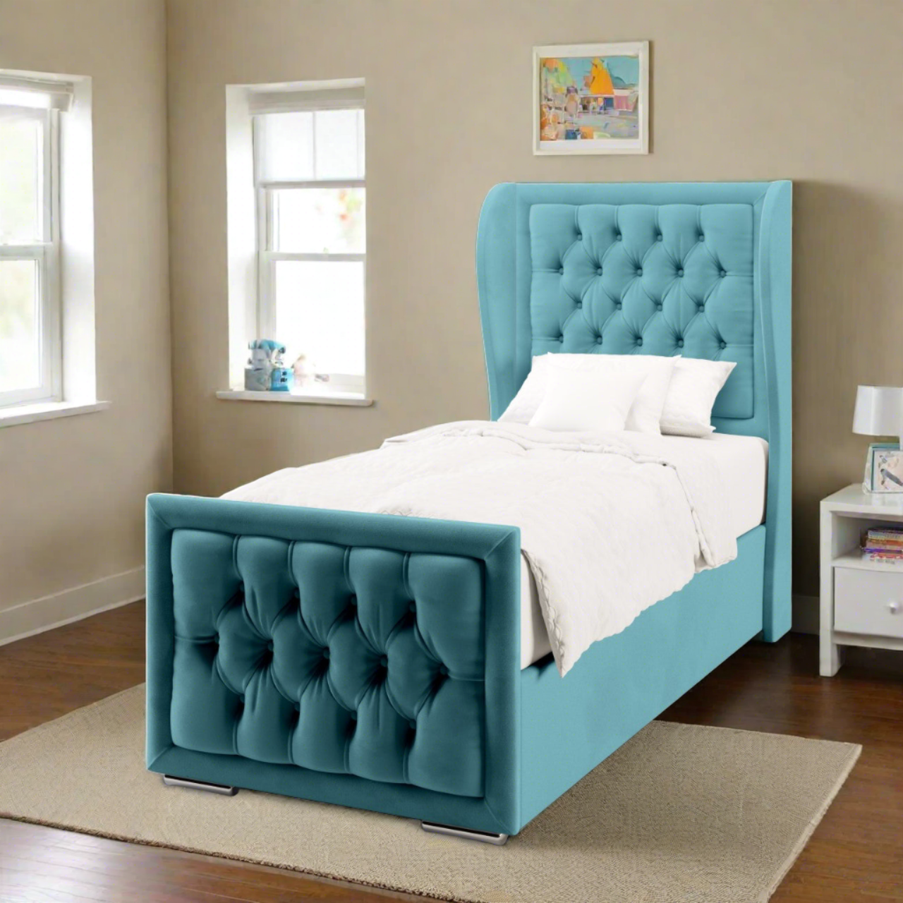 Chesterfield Border Fabric Middle Curve Wing Headboard with Ottoman Storage Side Lift Bed & Footend