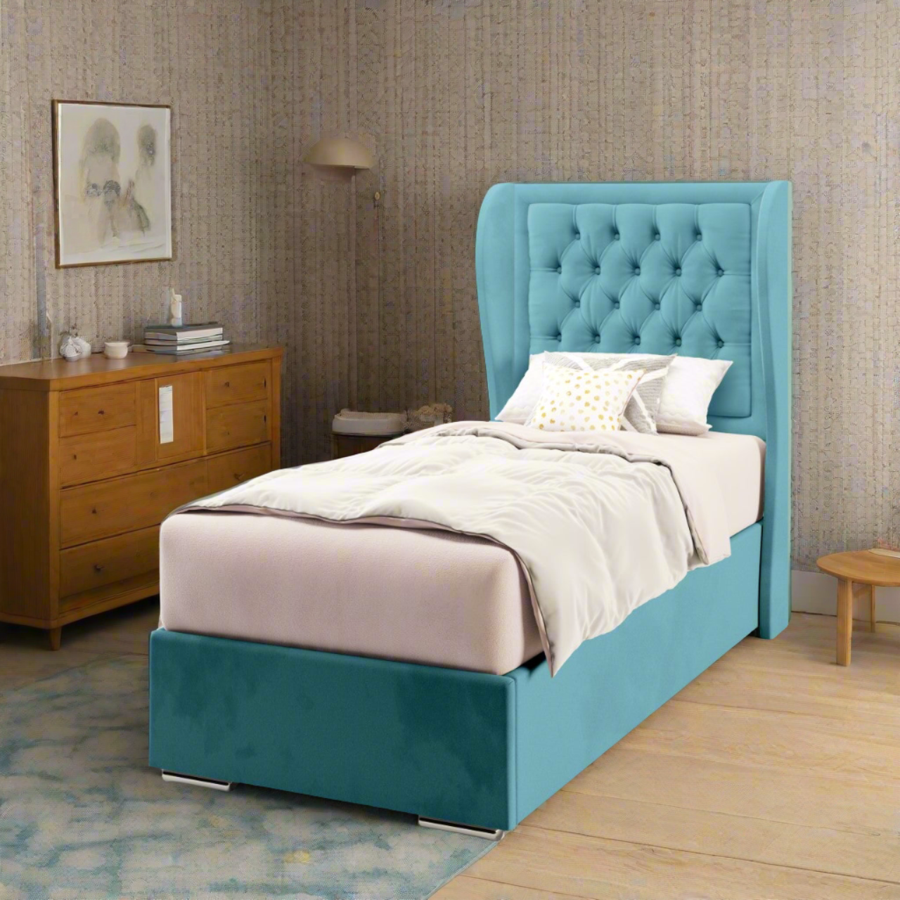 Chesterfield Border Fabric Middle Curve Wing Headboard with Frame Bed Base & Mattress