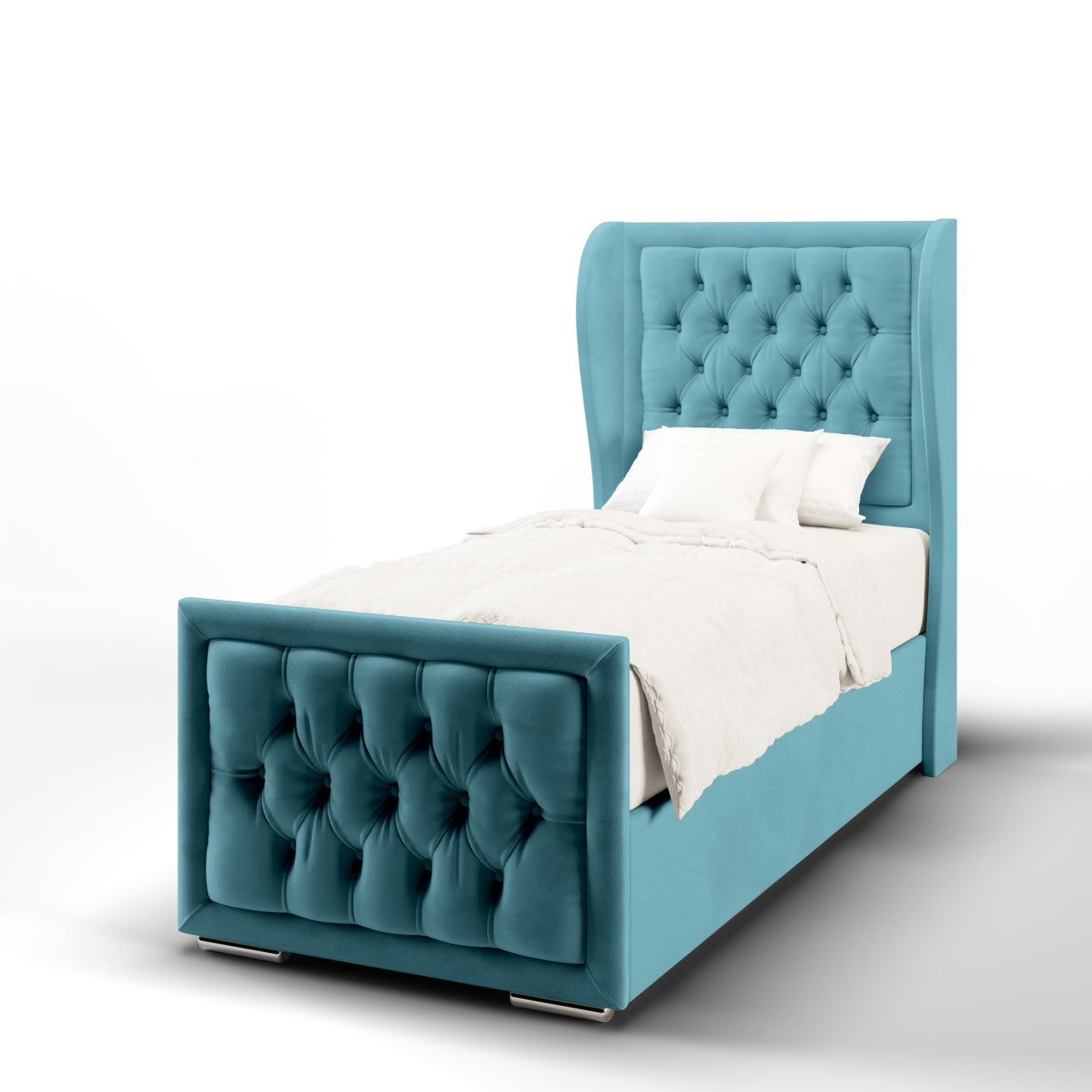 Chesterfield Border Fabric Middle Curve Wing Headboard with Ottoman Storage Side Lift Bed & Footend