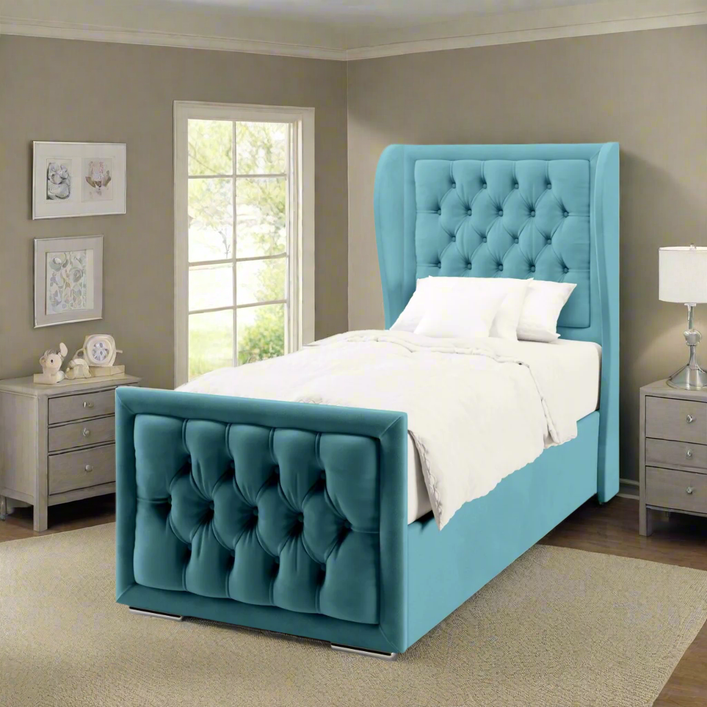 Chesterfield Border Fabric Middle Curve Wing Headboard with Ottoman Storage Side Lift Bed & Footend