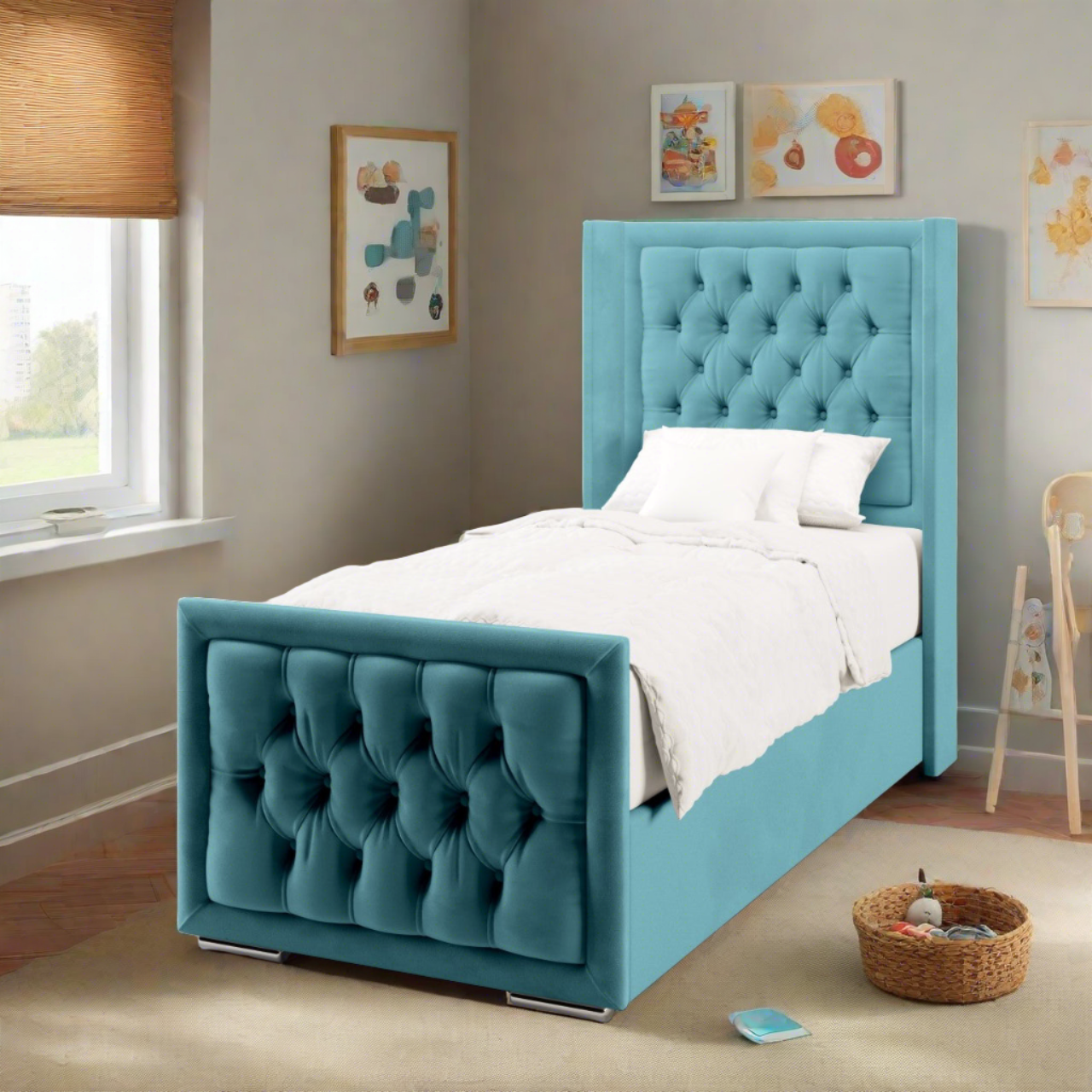 Chesterfield Border Fabric Straight Wing Headboard with Ottoman Storage Side Lift Bed & Footend