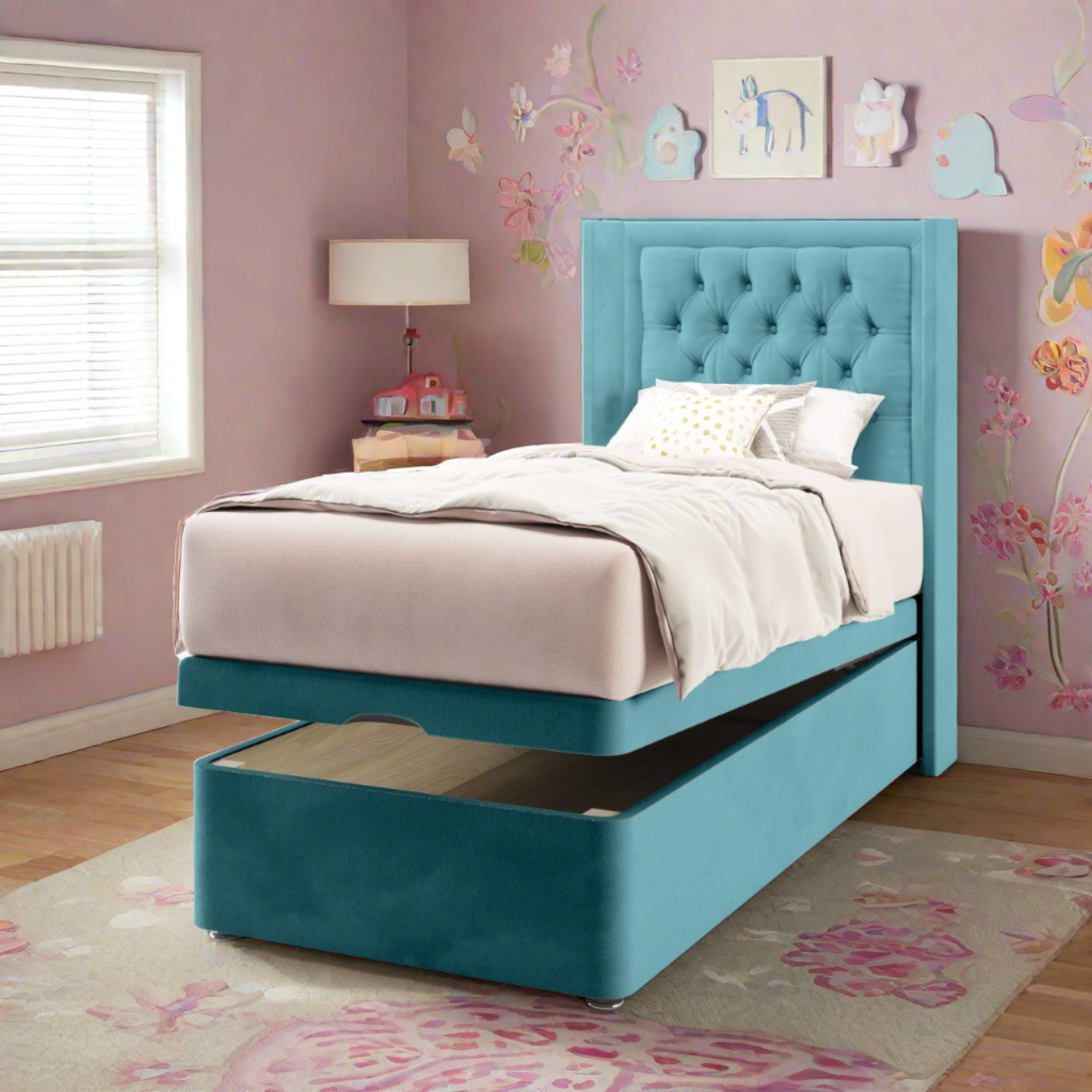 Chesterfield Border Fabric Straight Wing Headboard with Ottoman Storage Bed Base & Mattress