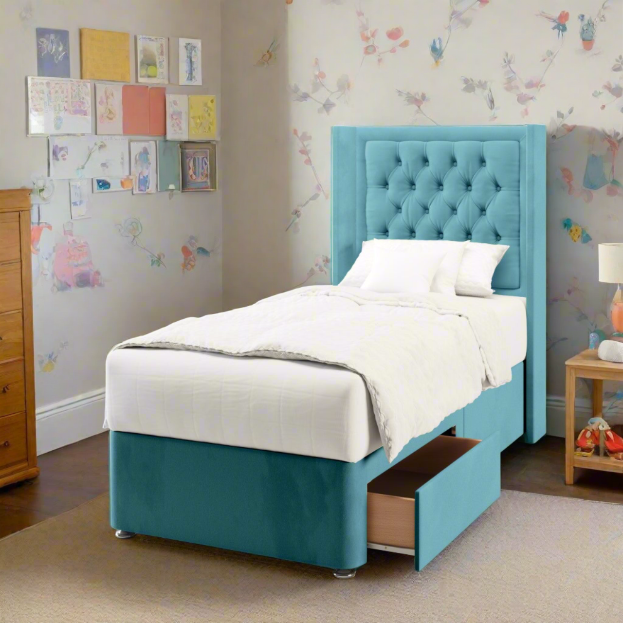 Chesterfield Border Fabric Straight Wing Headboard with Divan Bed Base & Mattress