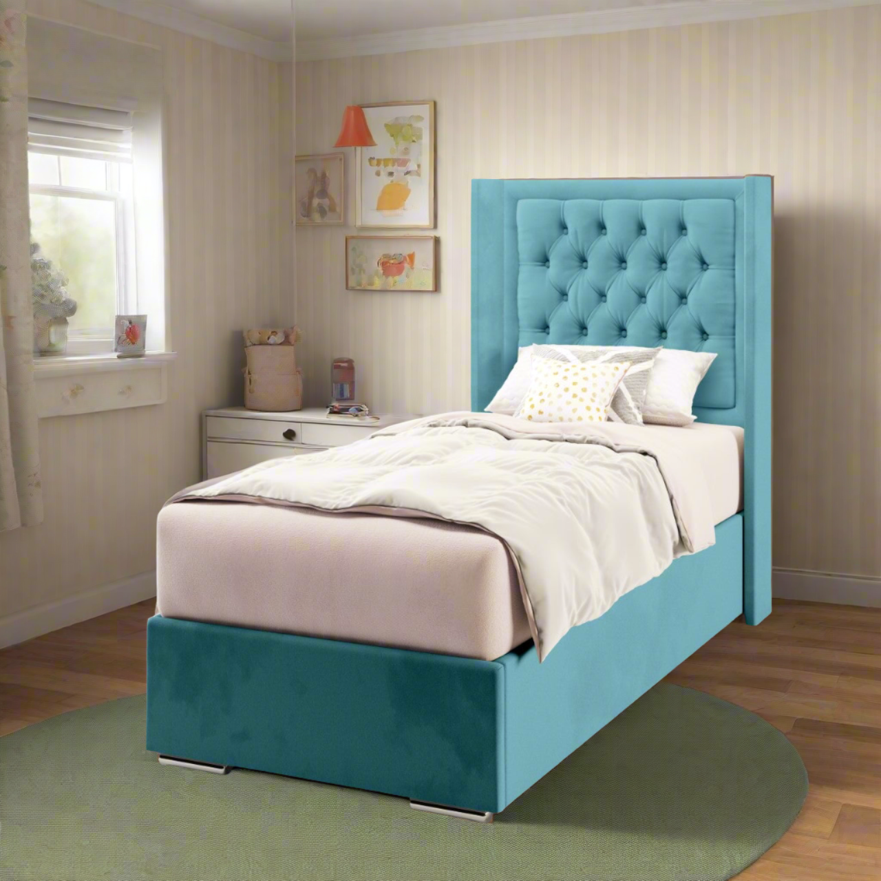 Chesterfield Border Fabric Straight Wing Headboard with Frame Bed Base & Mattress