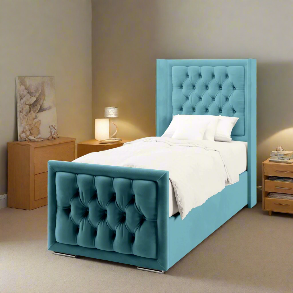 Chesterfield Border Fabric Straight Wing Headboard with Ottoman Storage Side Lift Bed & Footend