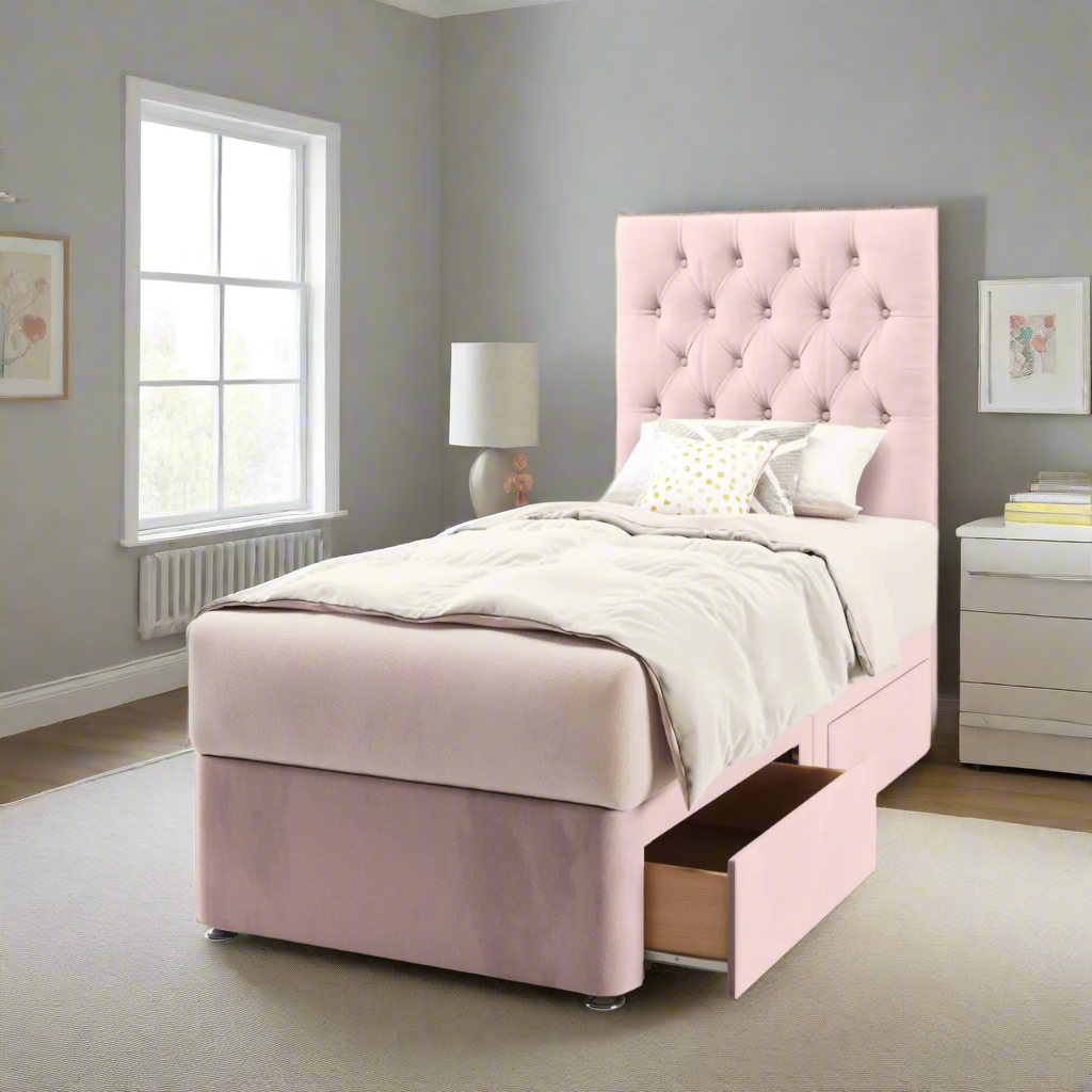 Chesterfield Fabric Tall Headboard with Divan Bed Base & Mattress