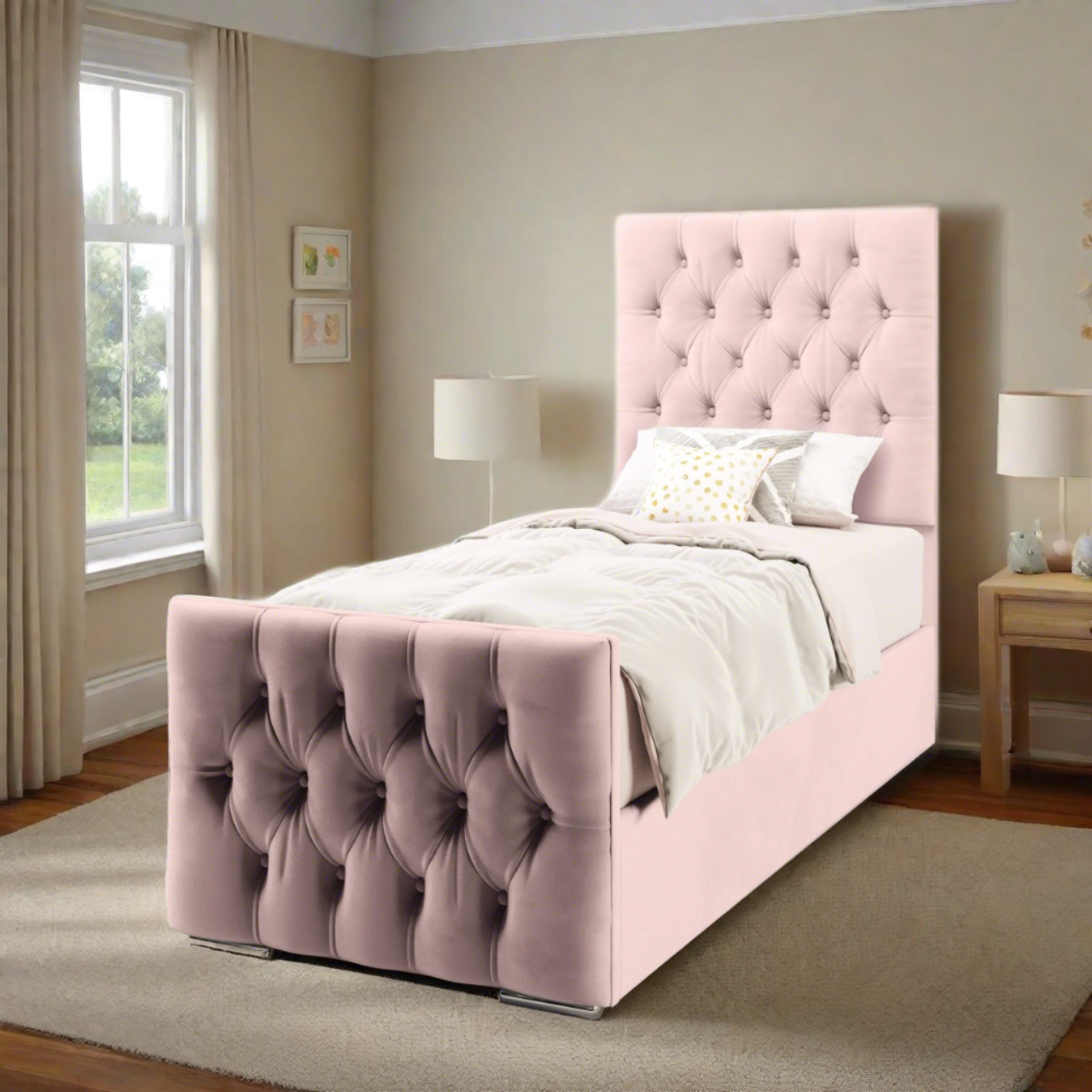 Chesterfield Fabric Tall Headboard with Ottoman Storage Side Lift Bed & Footend