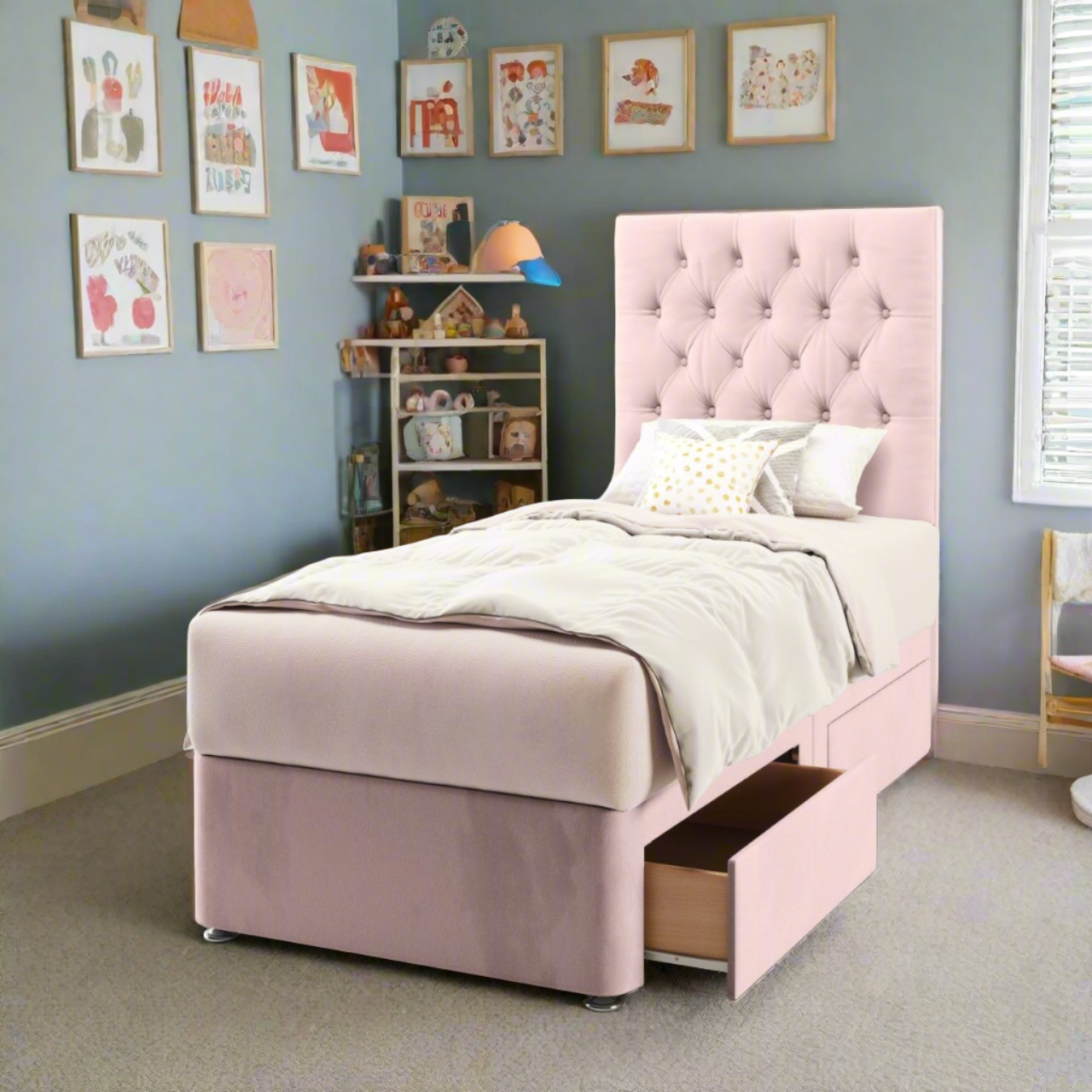 Chesterfield Fabric Tall Headboard with Divan Bed Base & Mattress