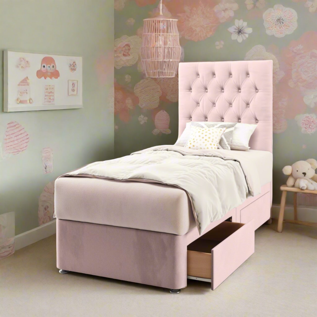 Chesterfield Fabric Tall Headboard with Divan Bed Base & Mattress