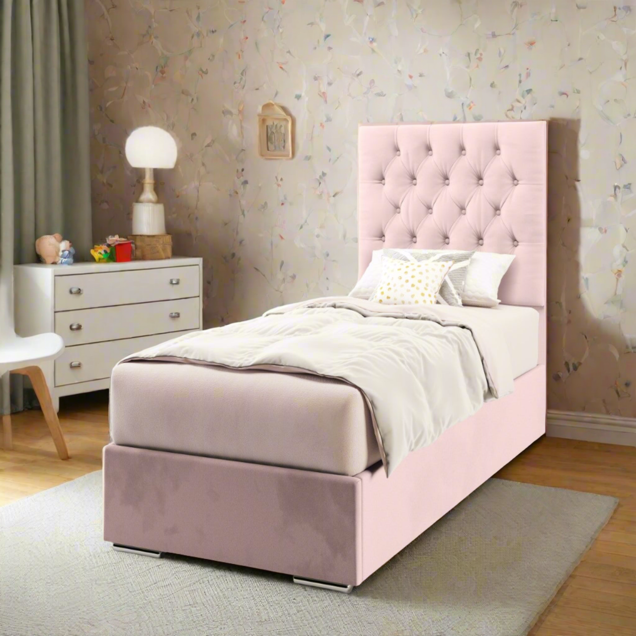 Chesterfield Fabric Tall Headboard with Frame Bed Base & Mattress