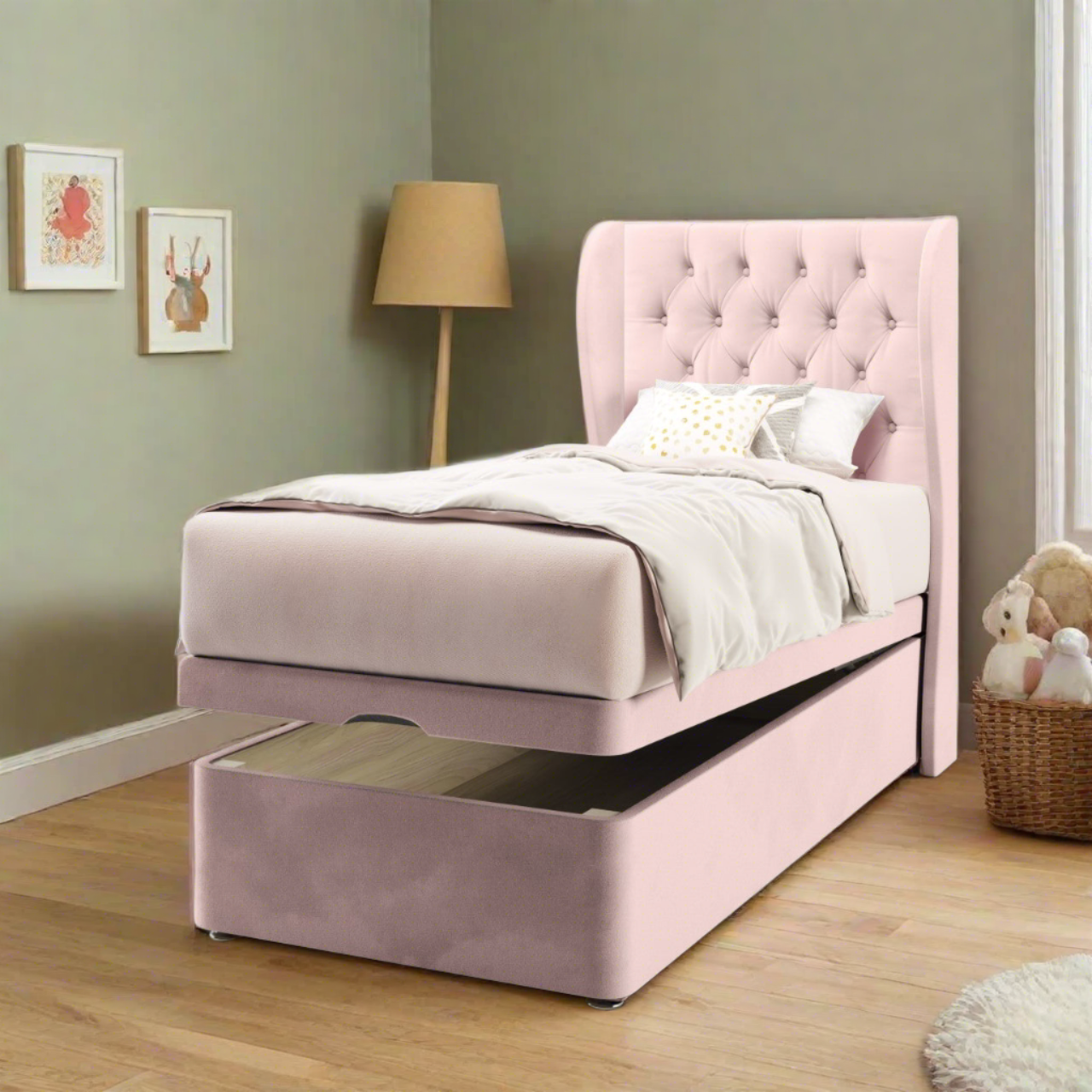 Chesterfield Fabric Middle Curve Wing Headboard with Ottoman Storage Bed Base & Mattress