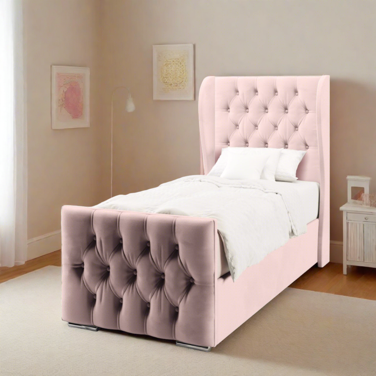 Chesterfield Fabric Middle Curve Wing Headboard with Ottoman Storage Side Lift Bed & Footend