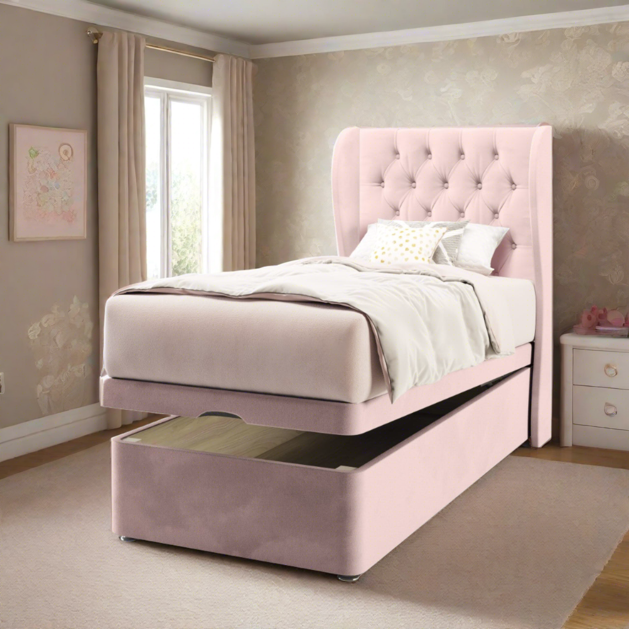 Chesterfield Fabric Middle Curve Wing Headboard with Ottoman Storage Bed Base & Mattress