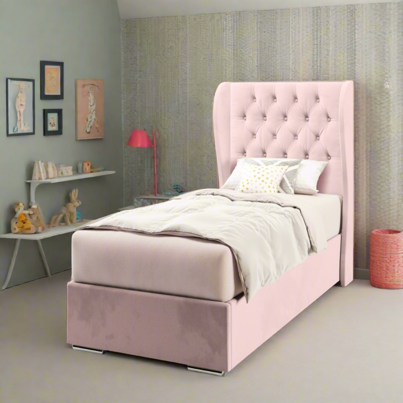 Chesterfield Fabric Middle Curve Wing Headboard with Frame Bed Base & Mattress