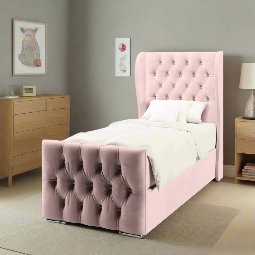 Chesterfield Fabric Middle Curve Wing Headboard with Ottoman Storage Side Lift Bed & Footend