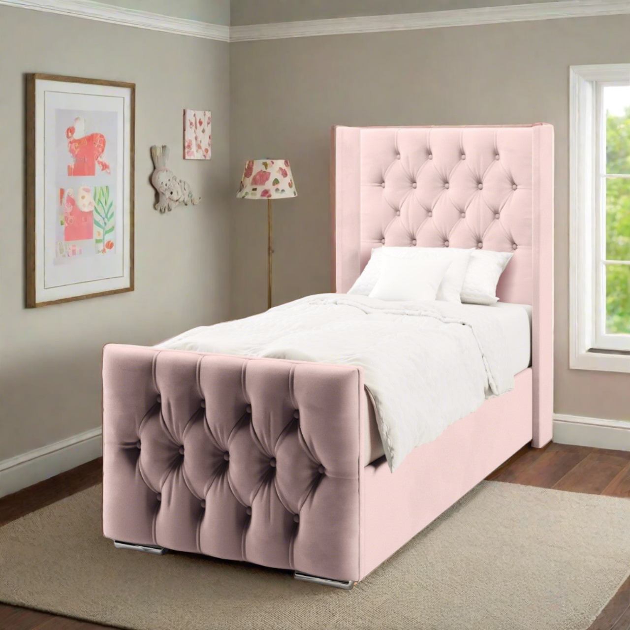 Chesterfield Fabric Straight Wing Headboard with Ottoman Storage Side Lift Bed & Footend