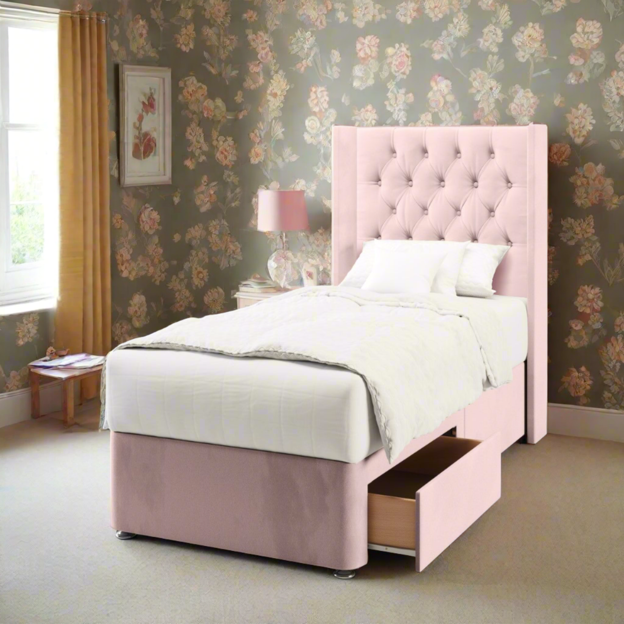 Chesterfield Fabric Straight Wing Headboard with Divan Bed Base & Mattress