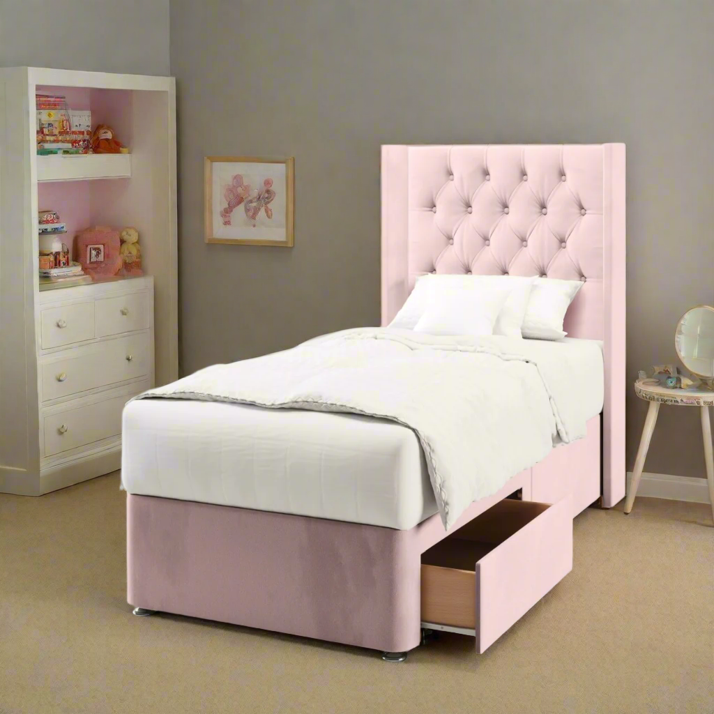 Chesterfield Fabric Straight Wing Headboard with Divan Bed Base & Mattress