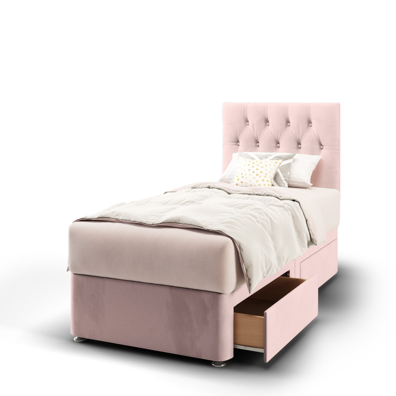 Chesterfield Fabric Low Headboard with Divan Bed Base & Mattress