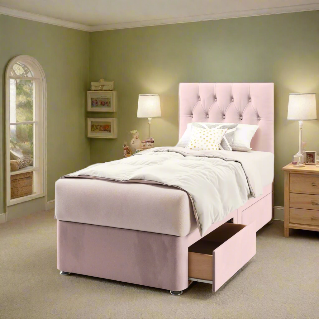 Chesterfield Fabric Low Headboard with Divan Bed Base & Mattress