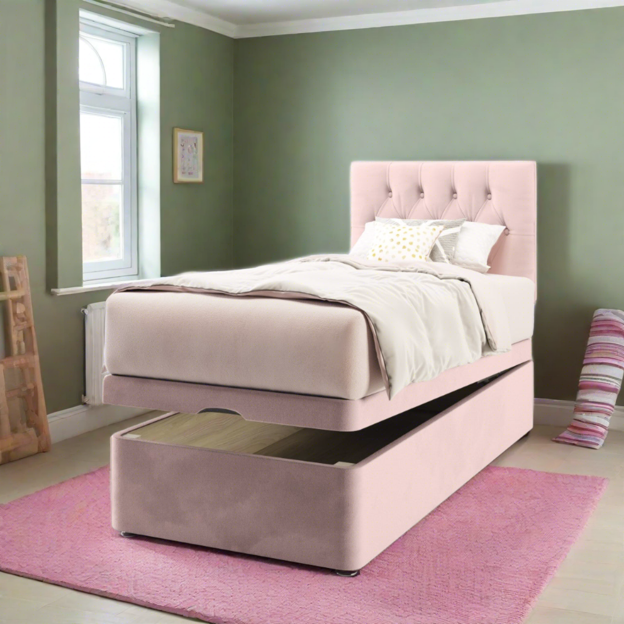 Chesterfield Fabric Low Headboard with Ottoman Storage Bed Base & Mattress