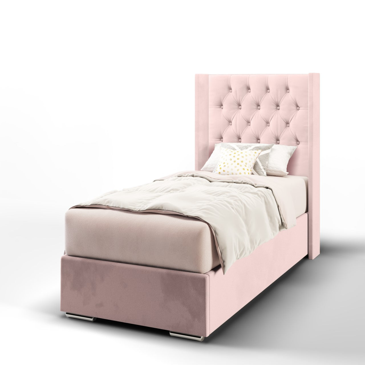 Chesterfield Fabric Straight Wing Headboard with Frame Bed Base & Mattress