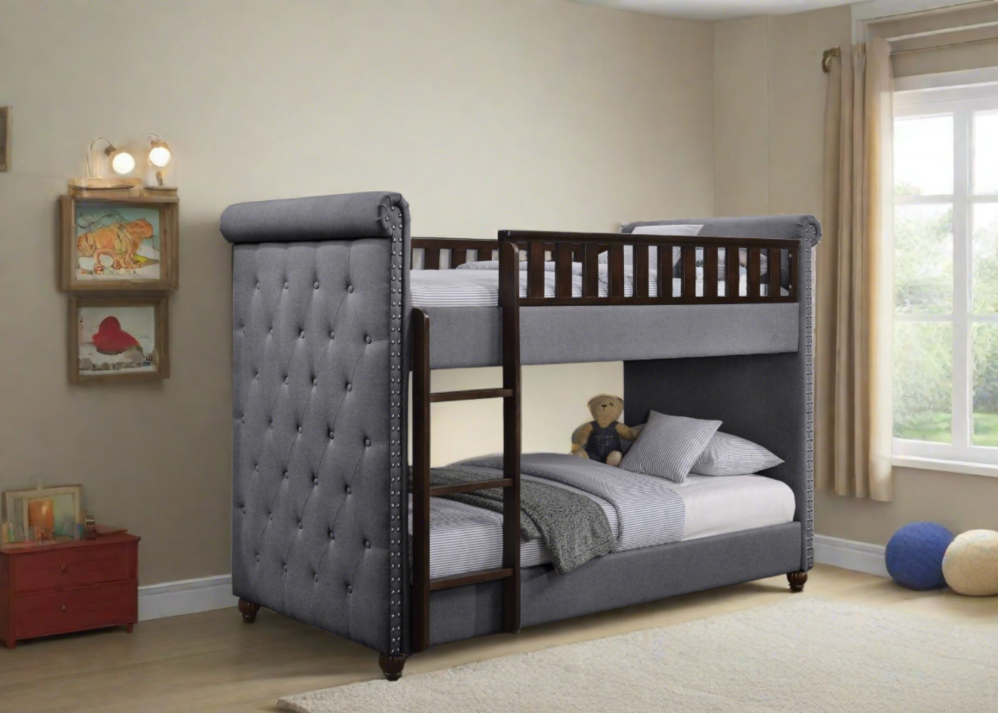 New Louis Dark Grey Linen Fabric Chesterfield Bunk Bed