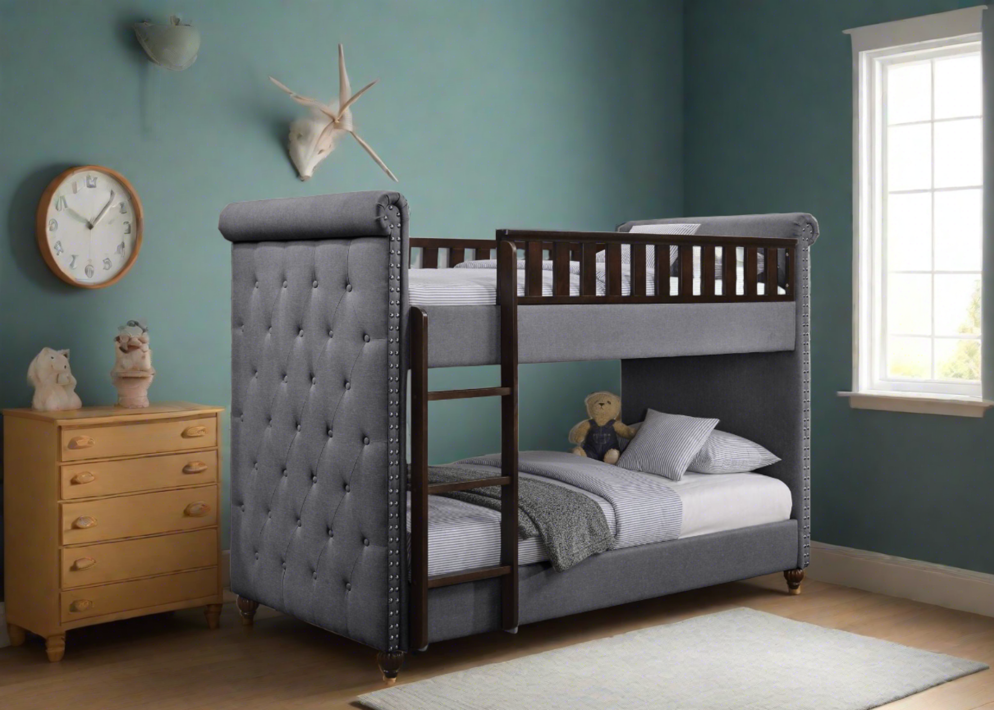 New Louis Dark Grey Linen Fabric Chesterfield Bunk Bed