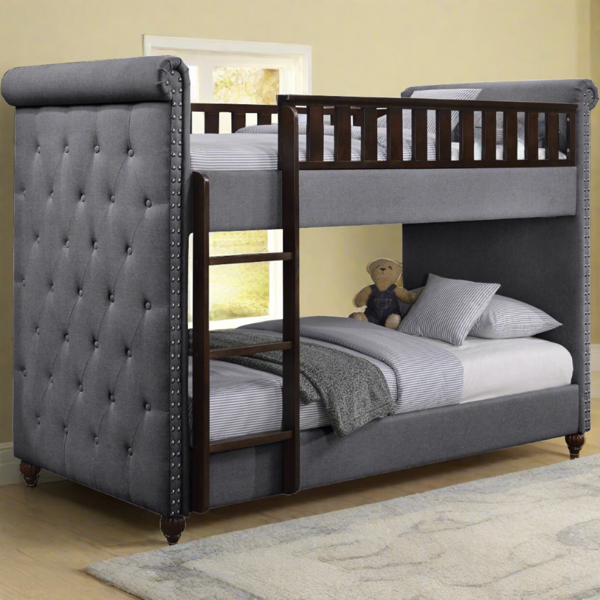 New Louis Dark Grey Linen Fabric Chesterfield Bunk Bed