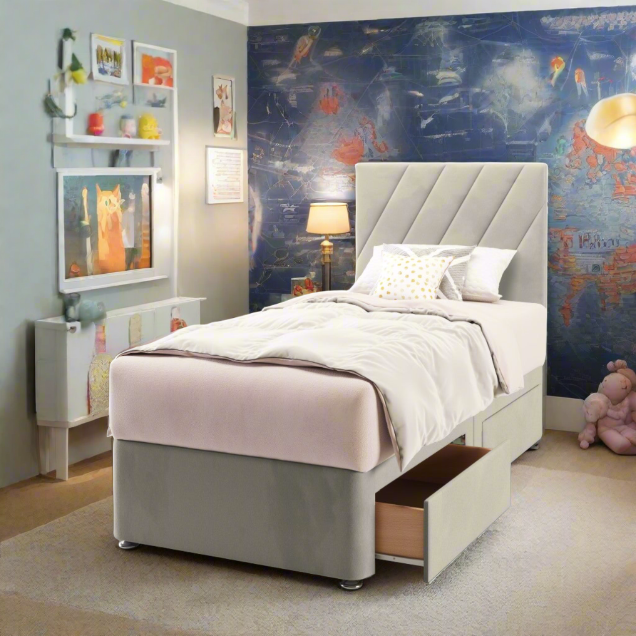 Diagonal Panels Fabric Low Headboard with Divan Bed Base & Mattress