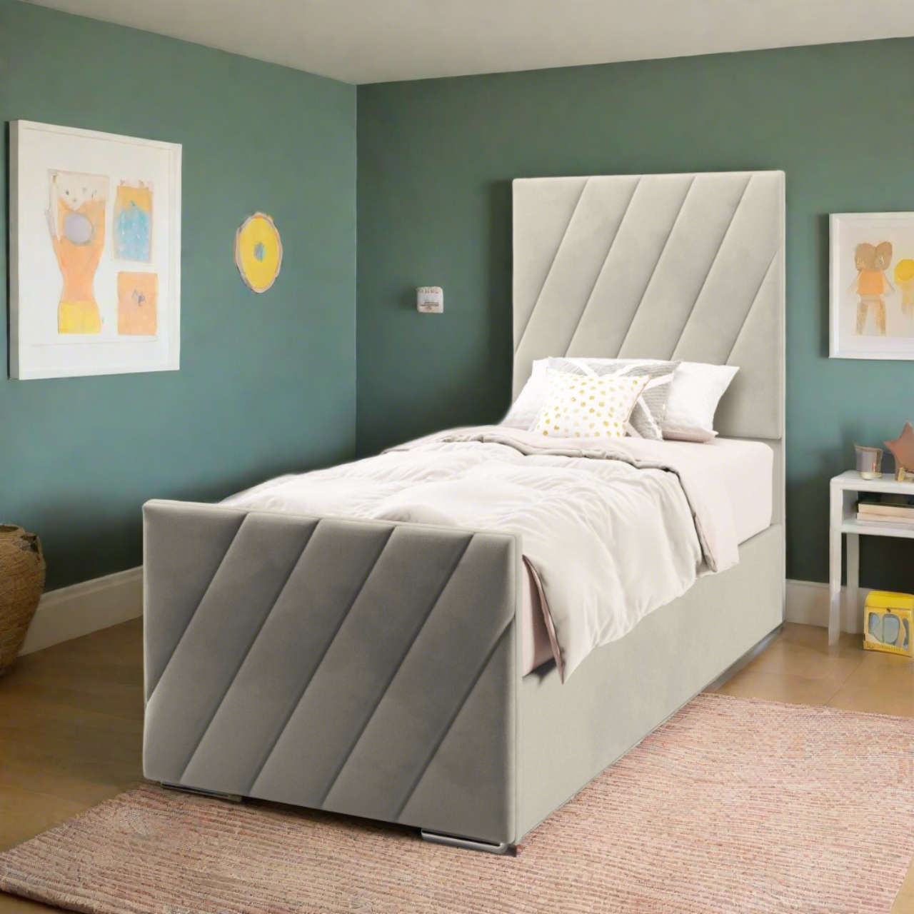 Diagonal Panels Fabric Tall Headboard with Ottoman Storage Side Lift Bed & Footend