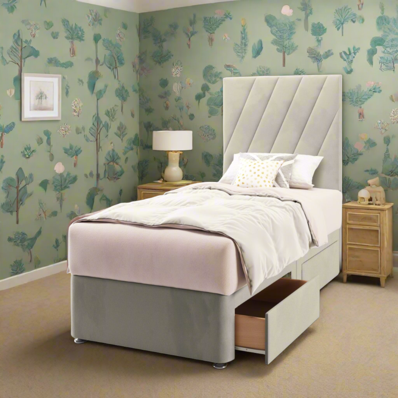 Diagonal Panels Fabric Tall Headboard with Divan Bed Base & Mattress