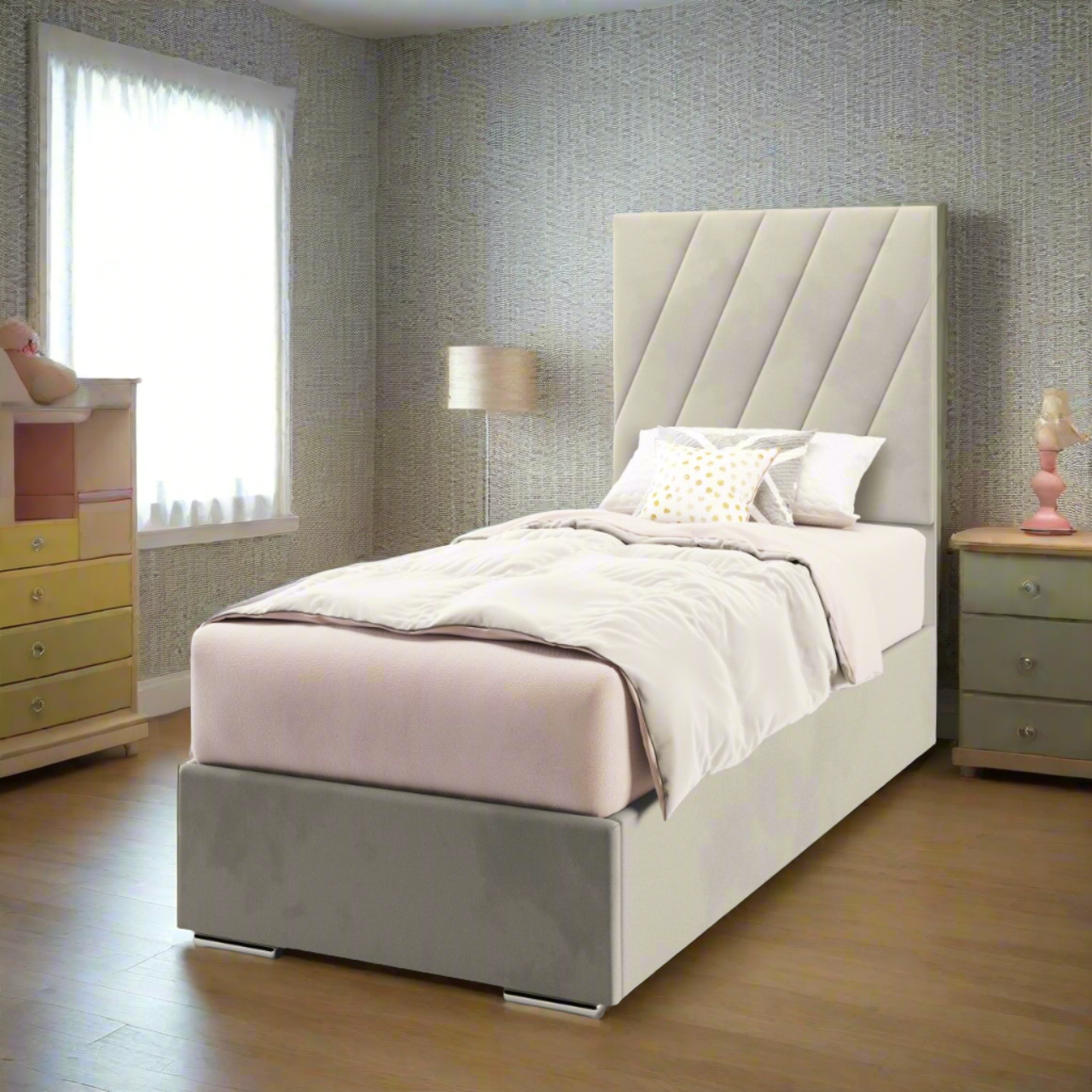 Diagonal Panels Fabric Tall Headboard with Frame Bed Base & Mattress