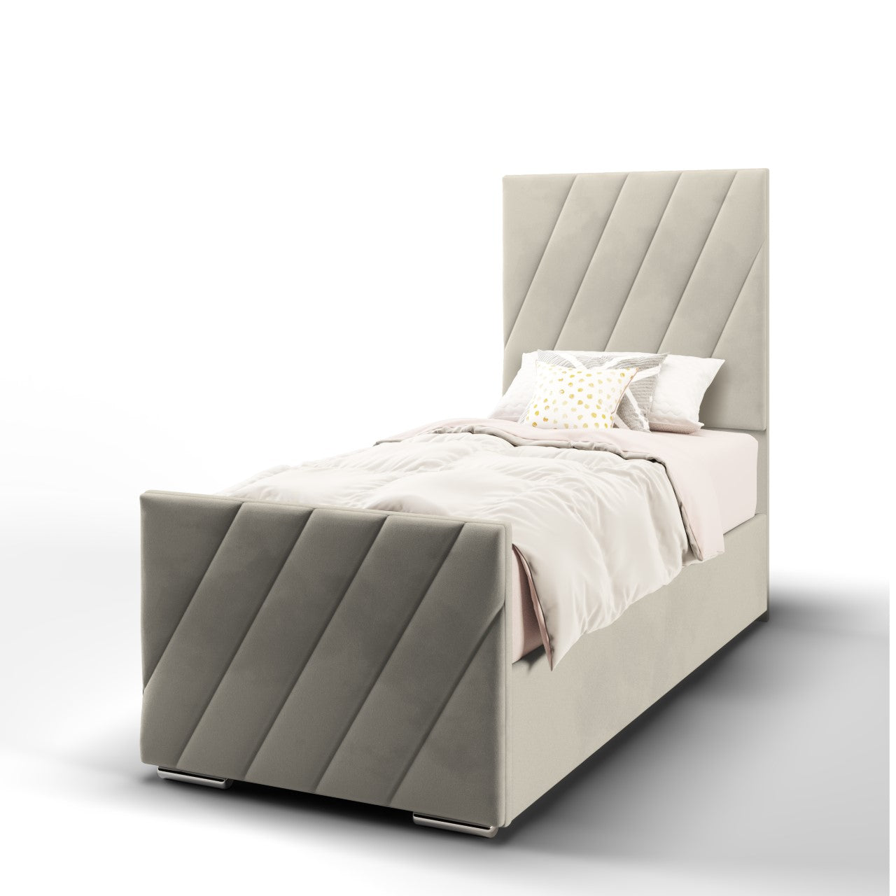 Diagonal Panels Fabric Tall Headboard with Ottoman Storage Side Lift Bed & Footend