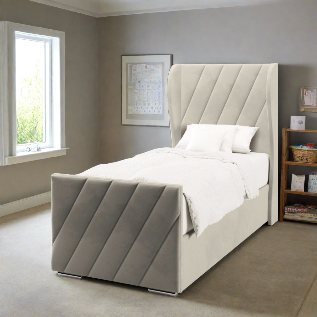 Diagonal Panels Fabric Middle Curve Wing Headboard with Ottoman Storage Side Lift Bed & Footend