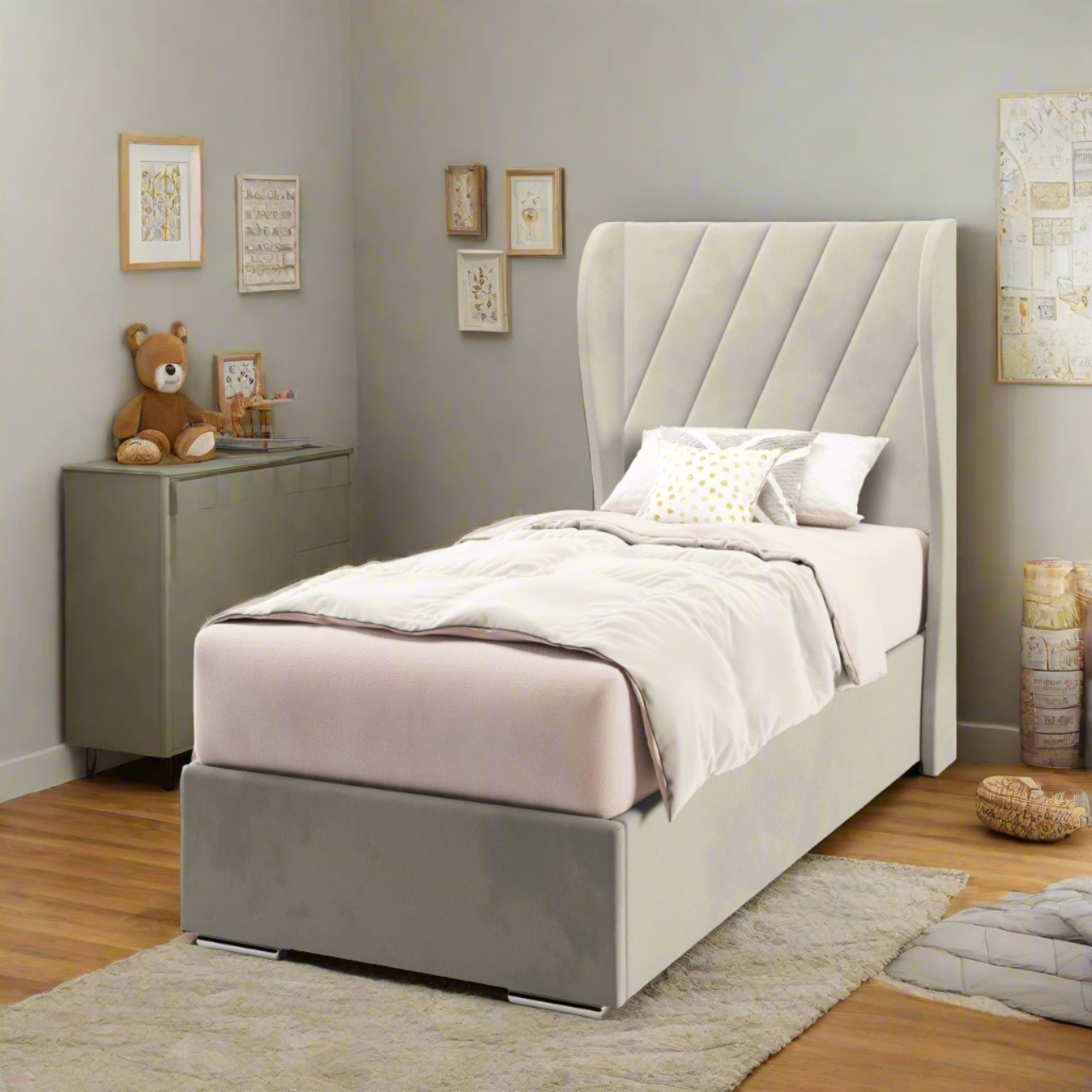 Diagonal Panels Fabric Middle Curve Wing Headboard with Frame Bed Base & Mattress