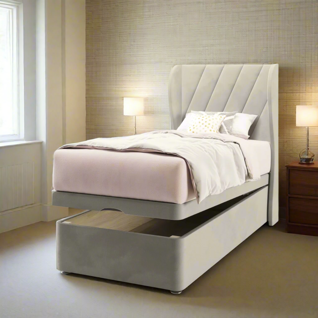 Diagonal Panels Fabric Middle Curve Wing Headboard with Ottoman Storage Bed Base & Mattress