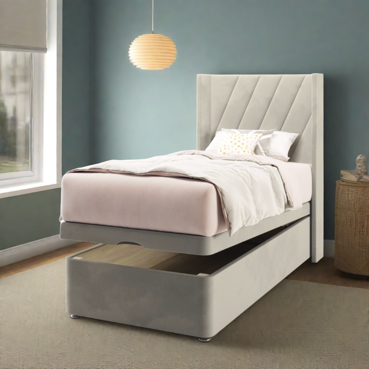 Diagonal Panels Fabric Straight Wing Headboard with Ottoman Storage Bed Base & Mattress