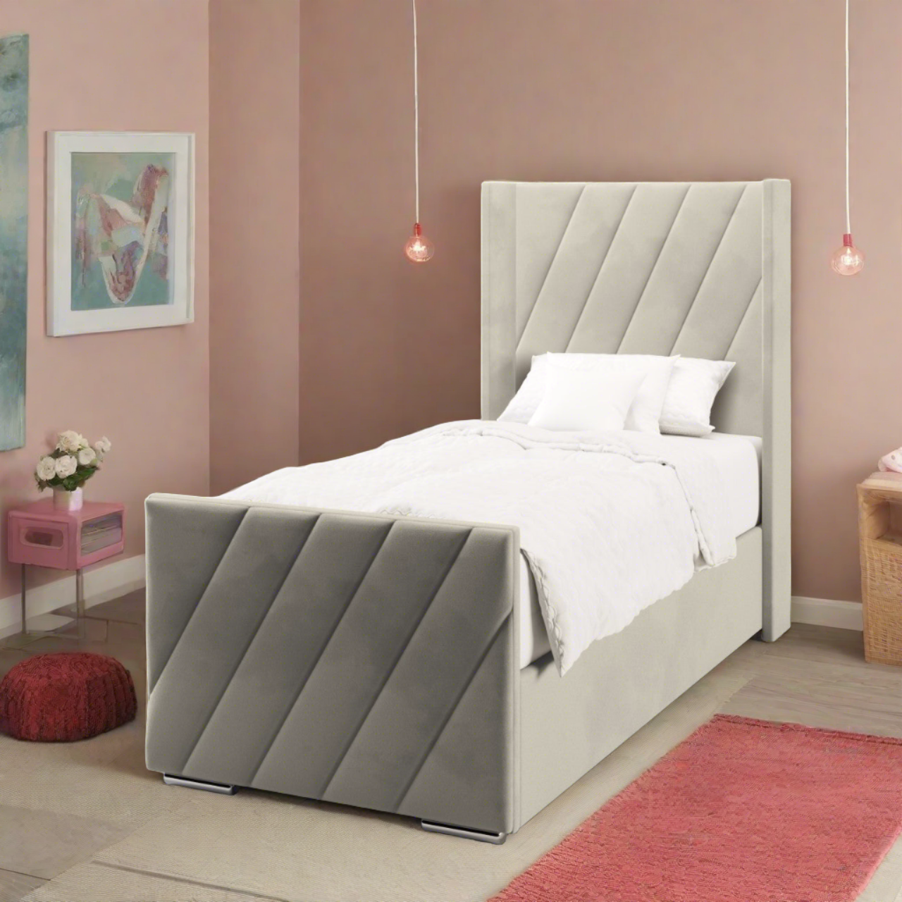 Diagonal Panels Fabric Straight Wing Headboard with Ottoman Storage Side Lift Bed & Footend