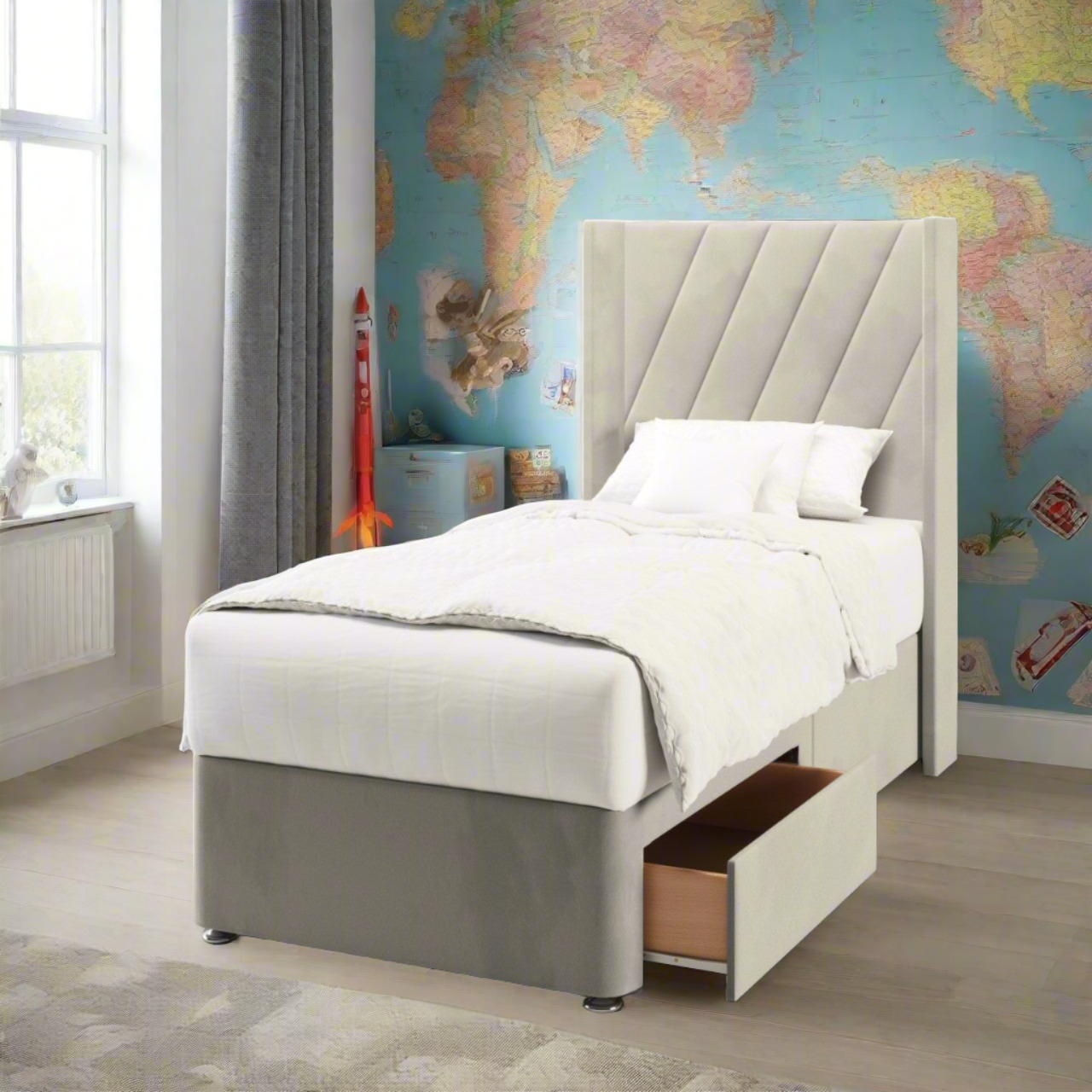 Diagonal Panels Fabric Straight Wing Headboard with Divan Bed Base & Mattress