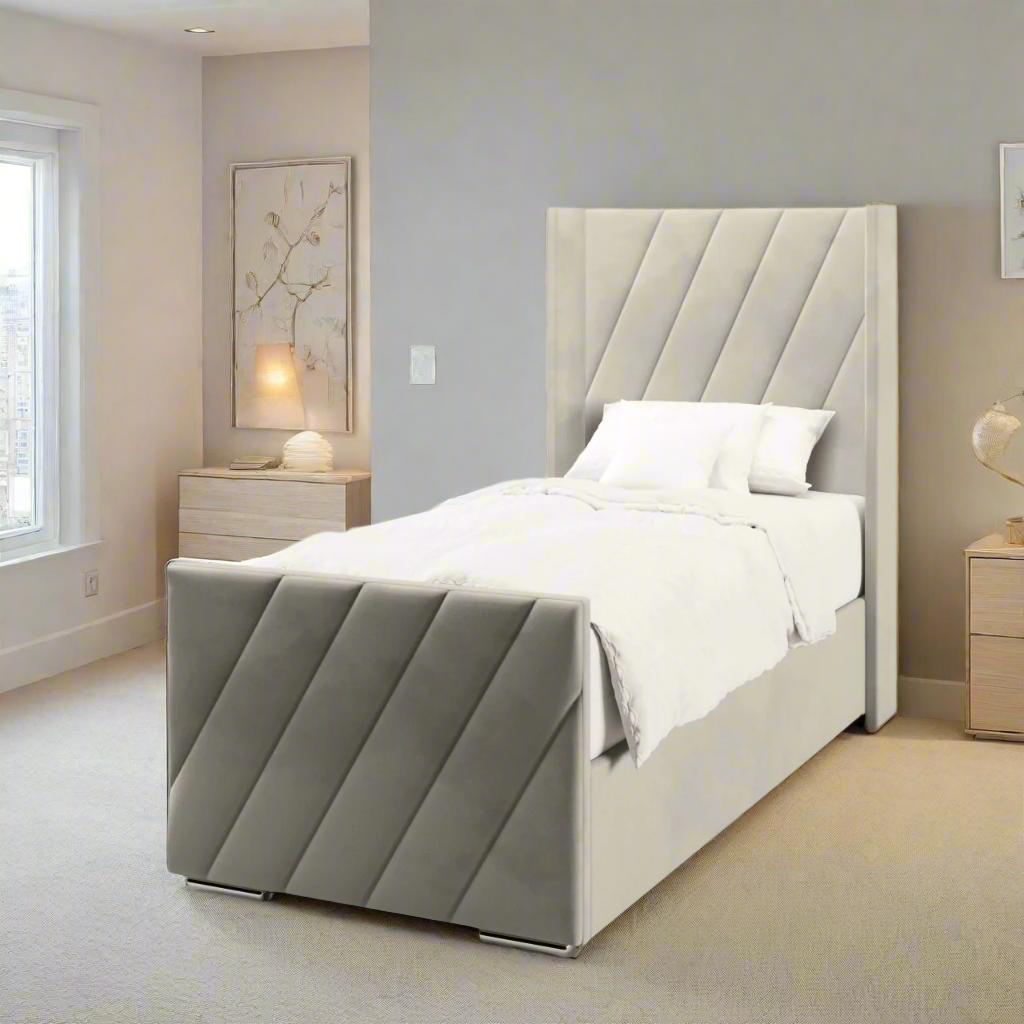 Diagonal Panels Fabric Straight Wing Headboard with Ottoman Storage Side Lift Bed & Footend