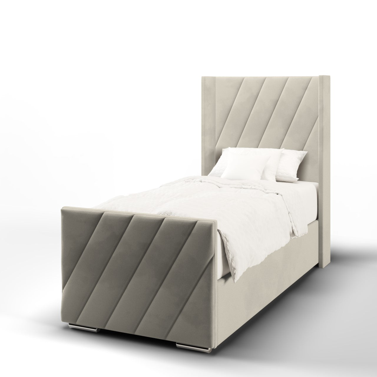 Diagonal Panels Fabric Straight Wing Headboard with Ottoman Storage Side Lift Bed & Footend