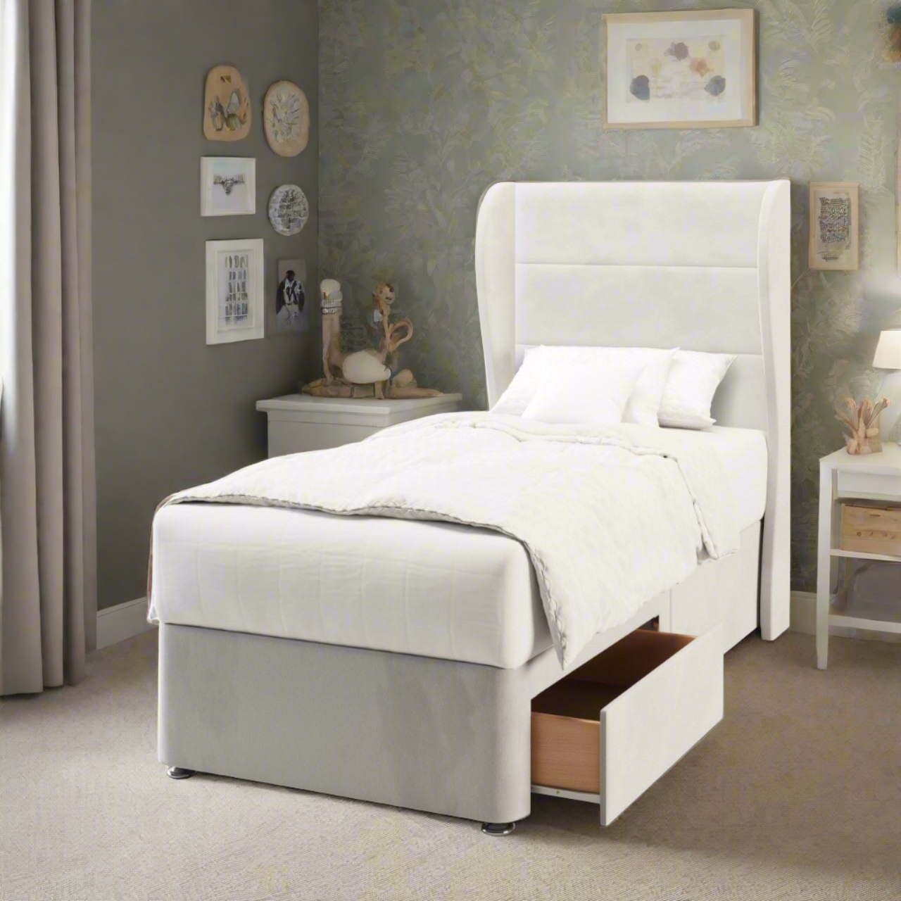 Horizontal Panels Fabric Middle Curve Wing Headboard with Divan Bed Base & Mattress